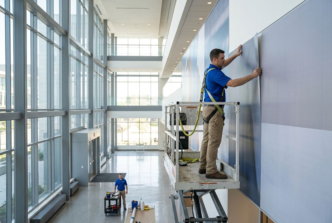 Atrium wall graphic install on a lift