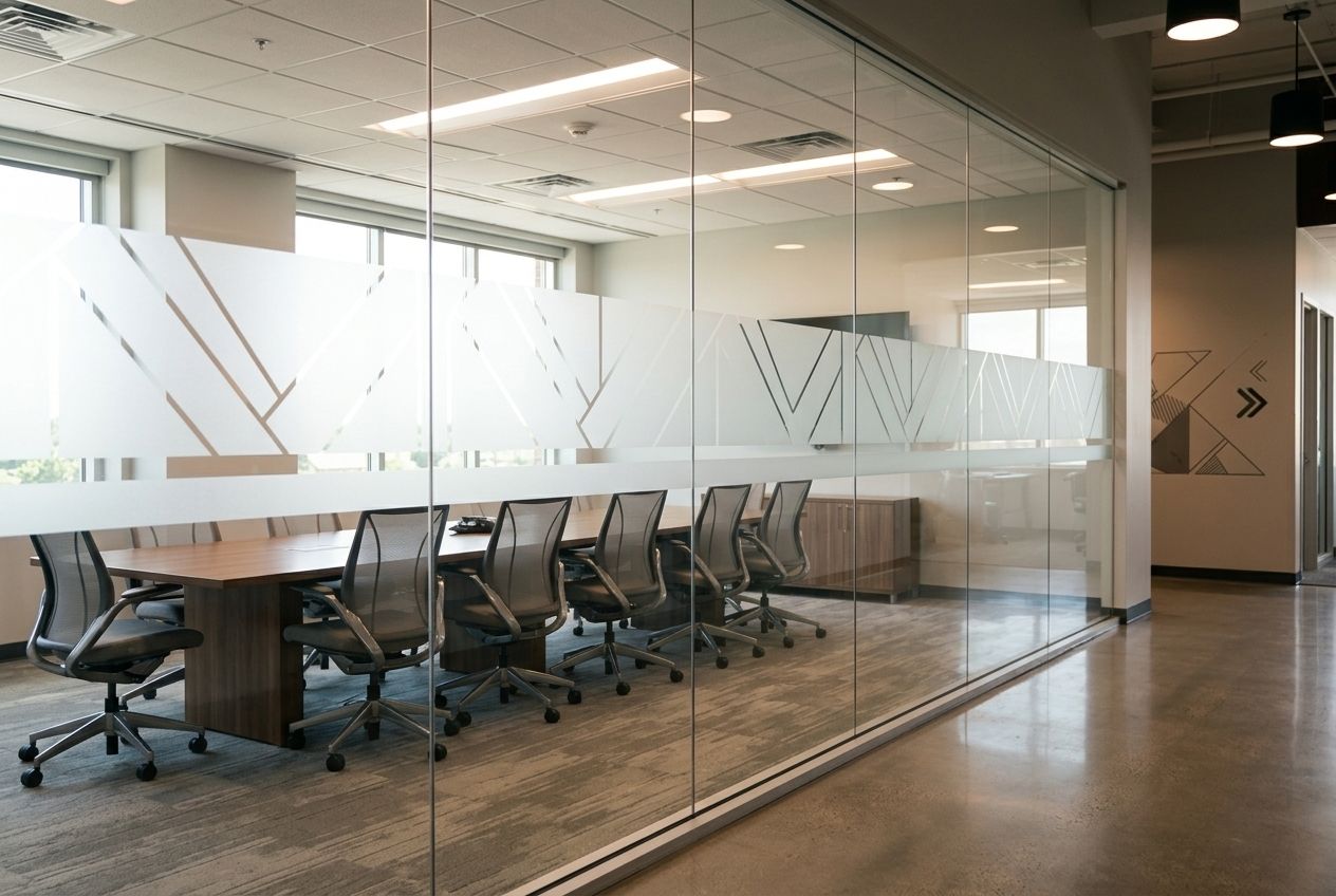 Decorative glass film on a conference room