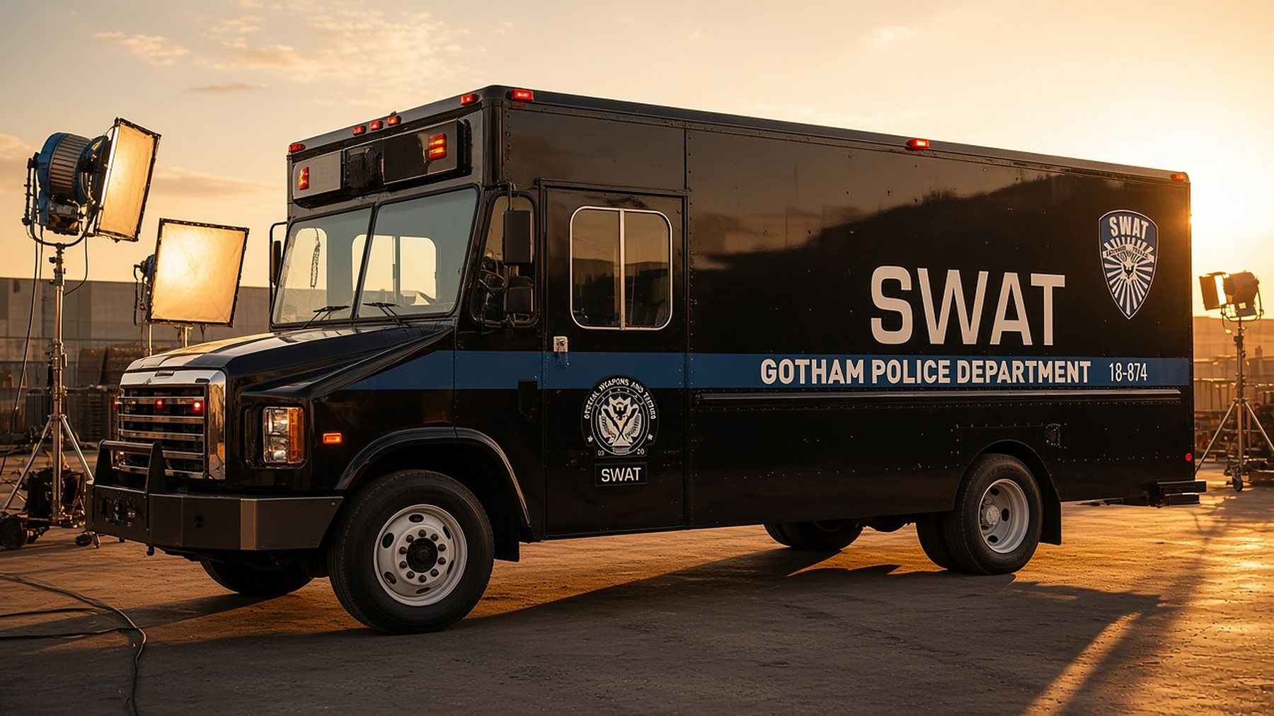 Picture vehicle wrap on a studio backlot