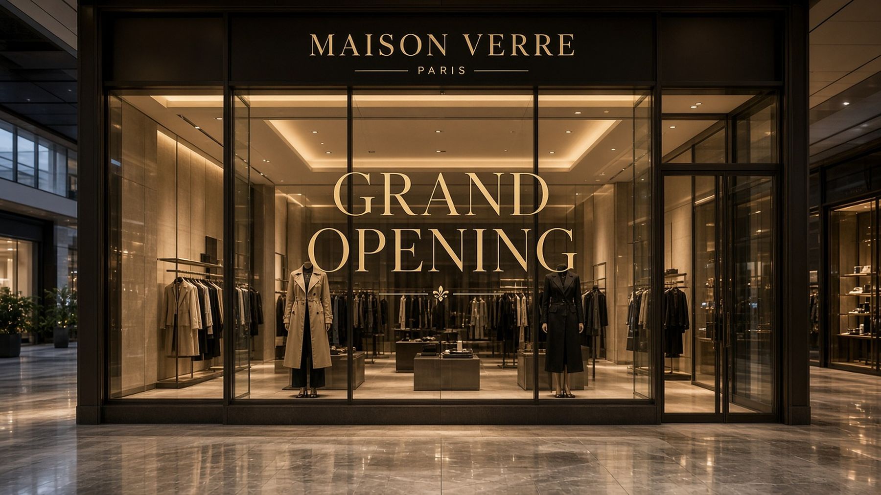 Grand opening window graphics at dusk