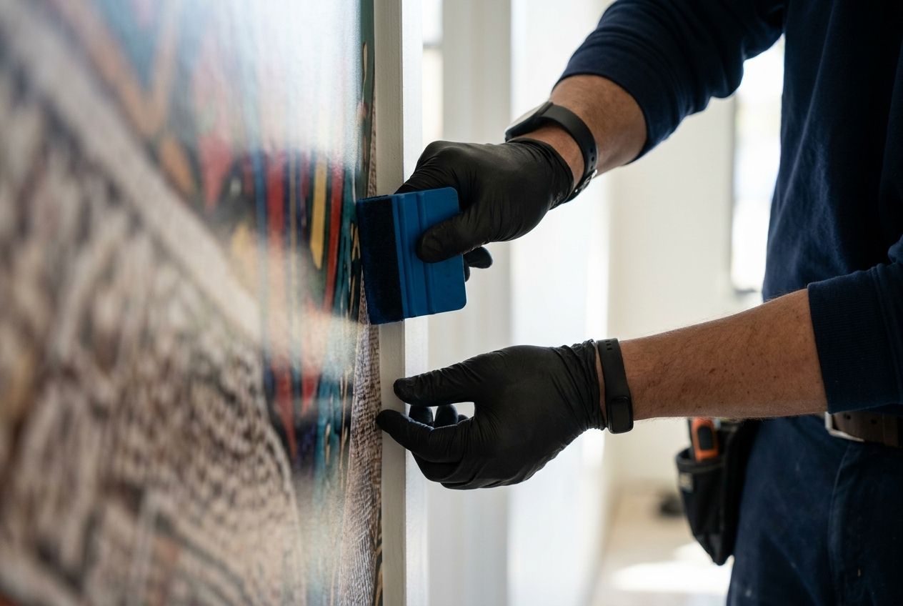 Close-up of an installer squeegeeing a wall graphic edge